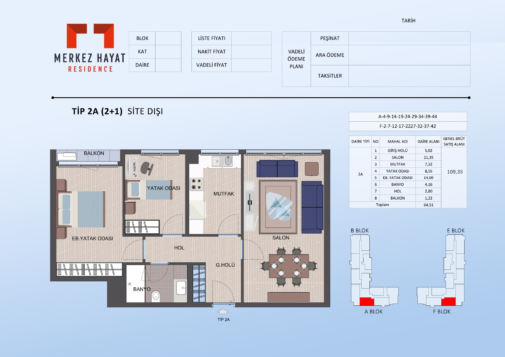 Merkez Hayat Residence 2+1 Floor Plan 109m2