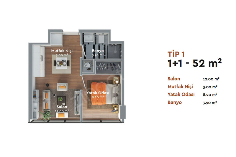 Nivo Atakoy Homes Istanbul 1+1 Floor Plan 52m2